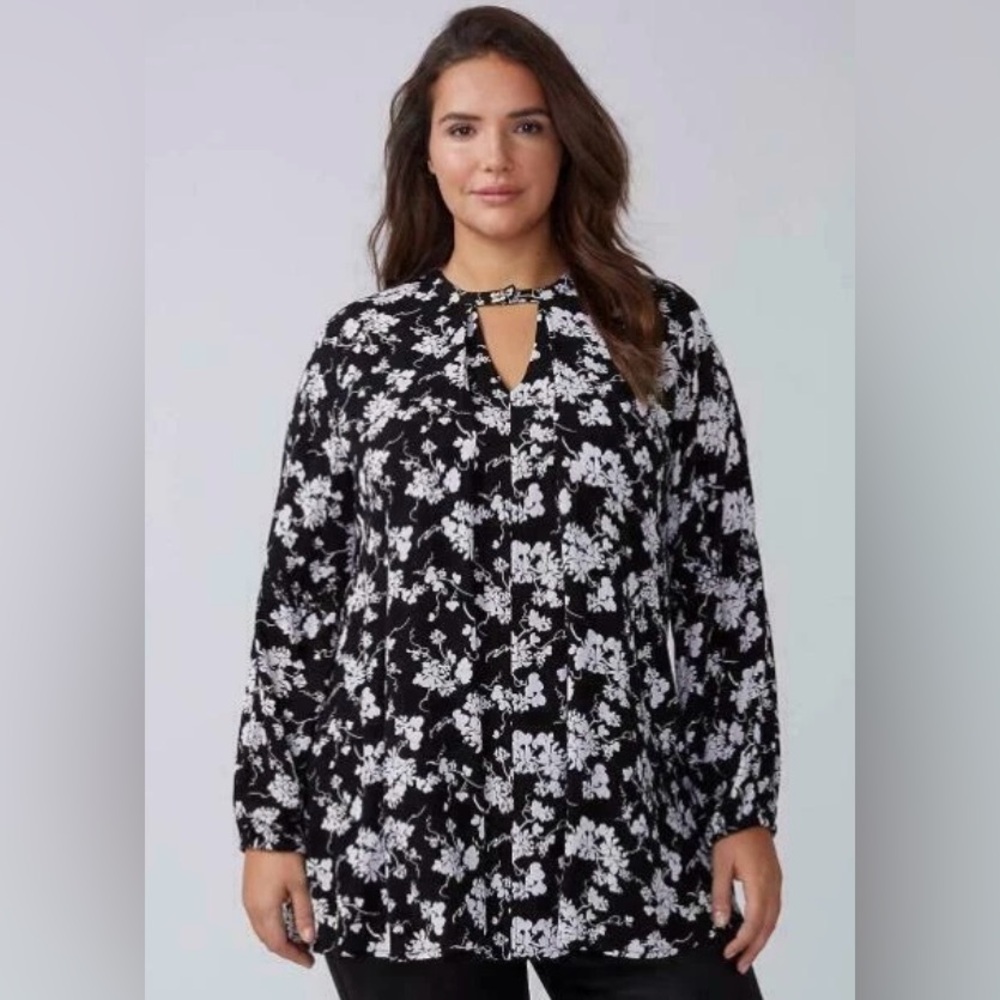 Lane Bryant Black and White Floral Bohemian Long Sleeve Blouse, Women’s Top